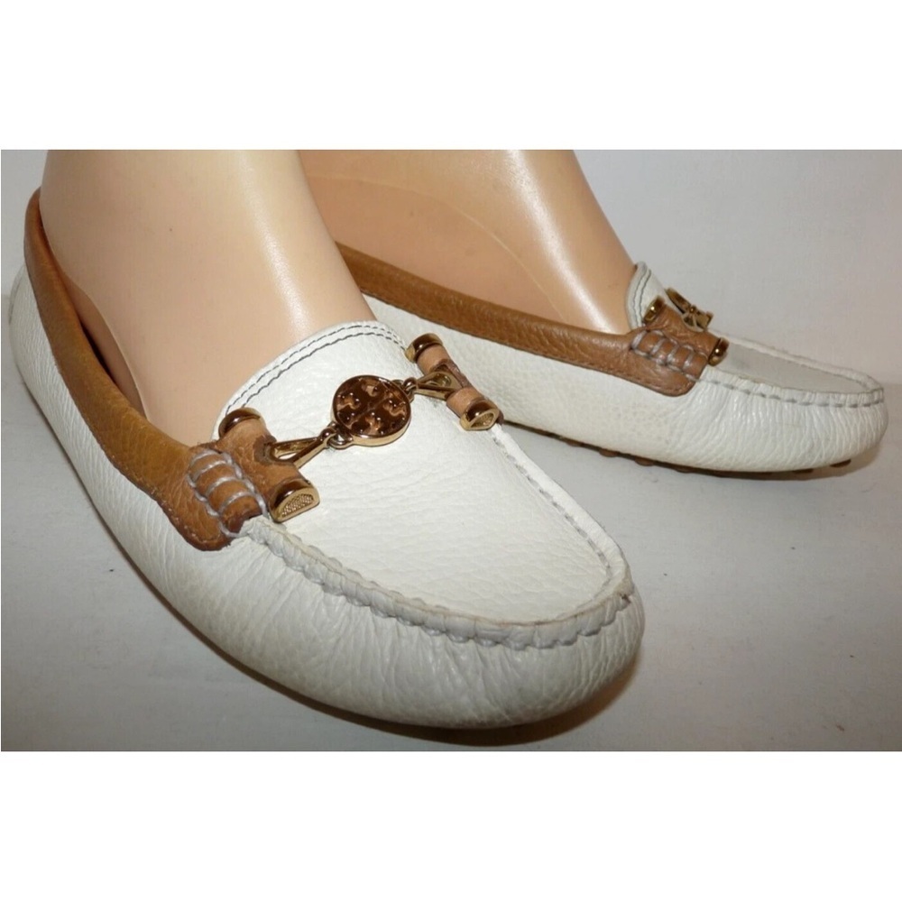 Tory Burch Daria Leather Women's White and Tan Driving Loafers Moccasin 7.5
